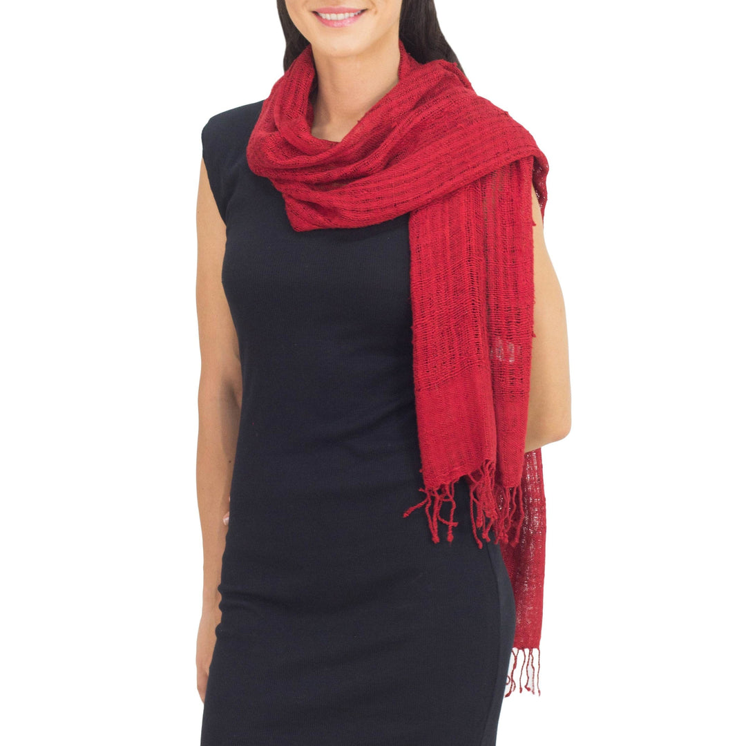 Coarse Textured Red Silk Scarf Handwoven in Thailand - Summer Ruby