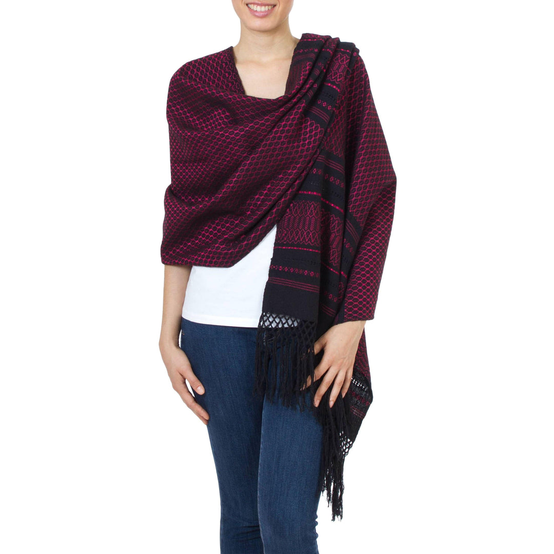 Zapotec Handwoven Rebozo Shawl in Black and Fuchsia - Zapotec Fiesta in Fuchsia