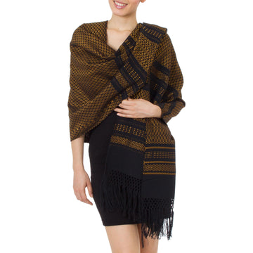 Zapotec Handwoven Rebozo Shawl in Black and Marigold - Fiesta in Black and Marigold