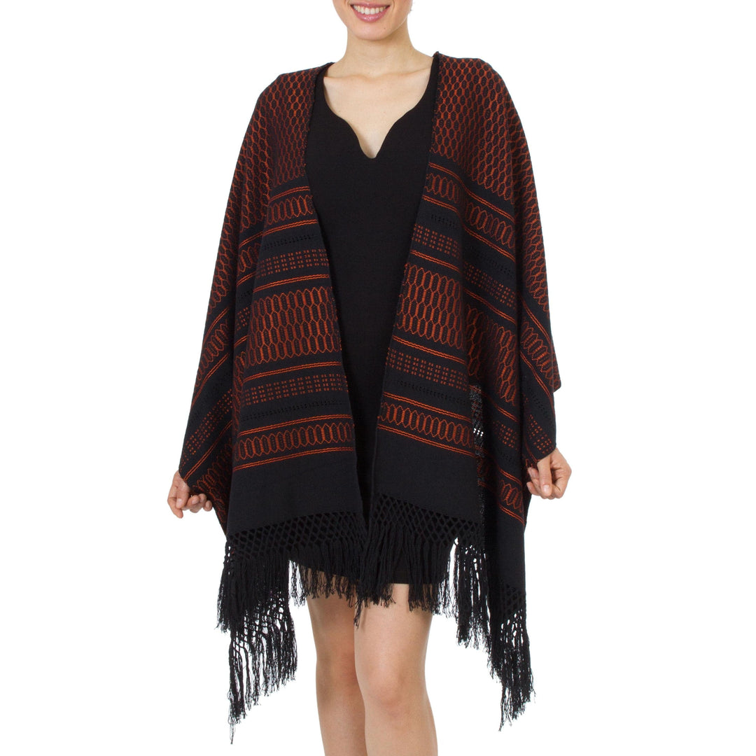 Black and Orange Handwoven Zapotec Rebozo Shawl - Fiesta in Black and Tangerine