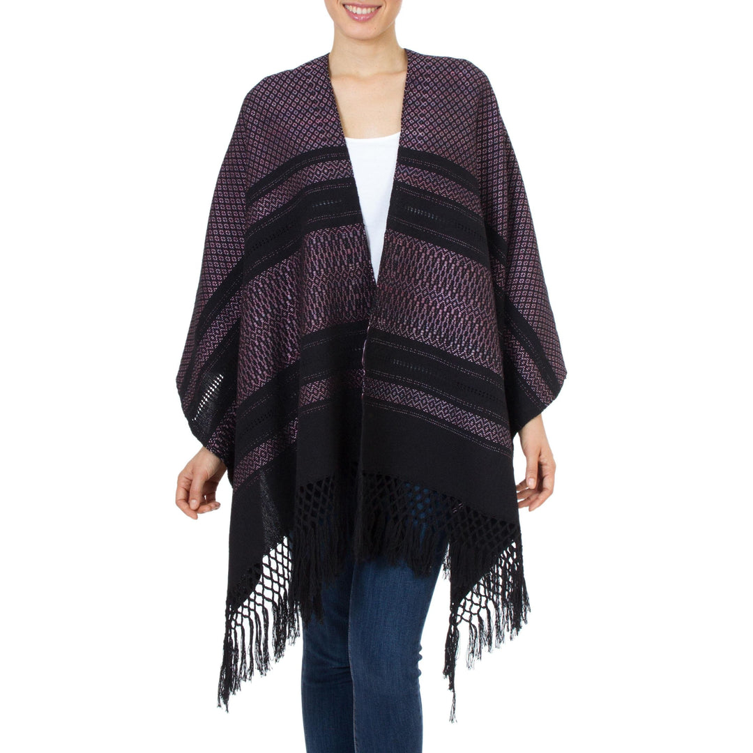 Black and Rosy Pink Handwoven Zapotec Rebozo Shawl - Fiesta in Black and Rose