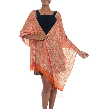 Silk Shawl with Tangerine Geometric Motifs from Indonesia - Parang Puzzle