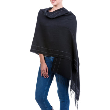 Handwoven Alpaca Blend Shawl in Black from Peru - Sensual Mystery