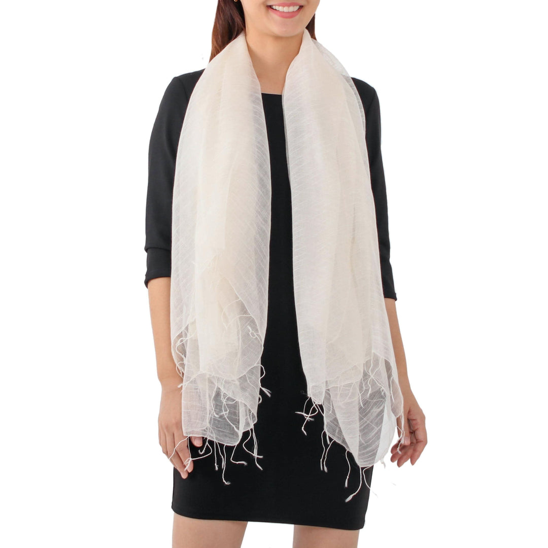 Handwoven Silk Blend Scarf in Alabaster from Thailand - Dazzling Beauty in Alabaster