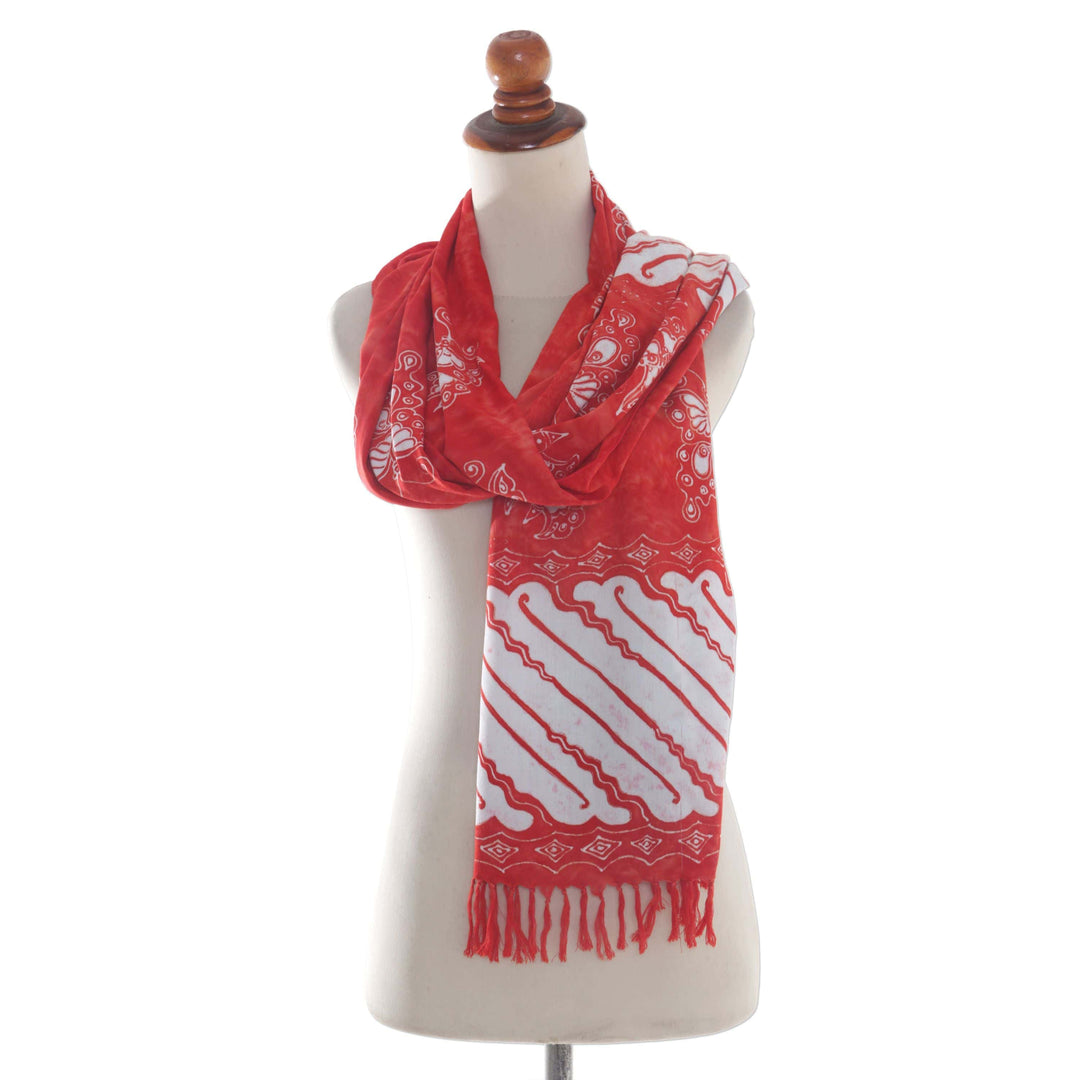 Balinese Handmade Rayon Batik Scarf with Butterfly Motif - Lady of the Butterflies