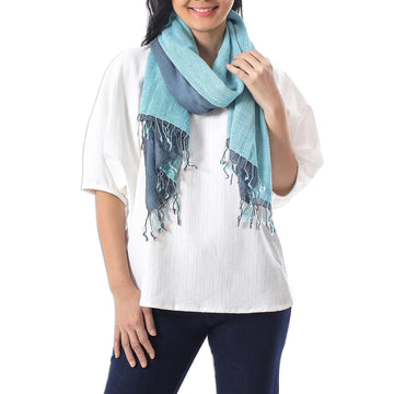 100% Cotton Reversible Blue and Grey Fringed Scarf - Ocean Tones
