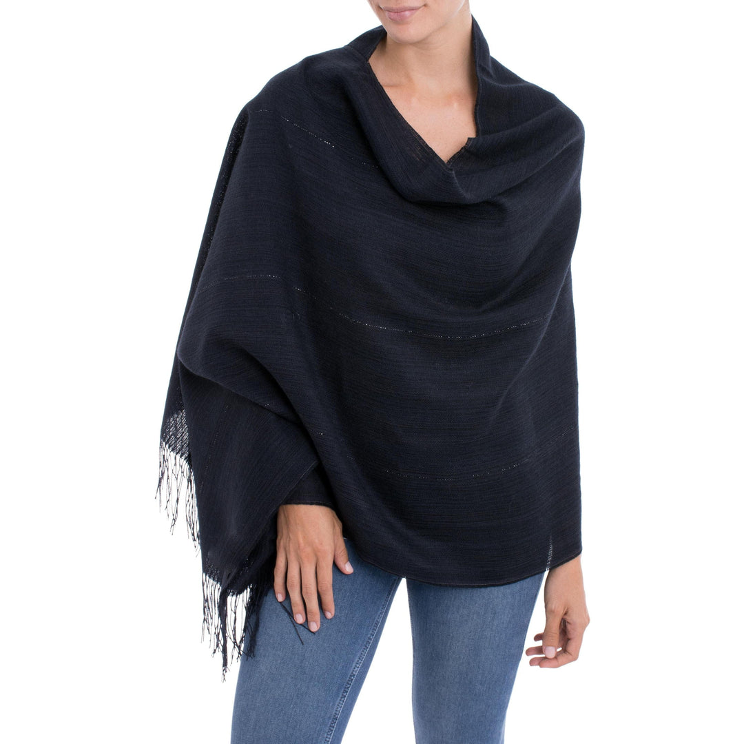 Midnight Blue 100% Alpaca Woven Fringed Shawl from Peru - Deep Sky
