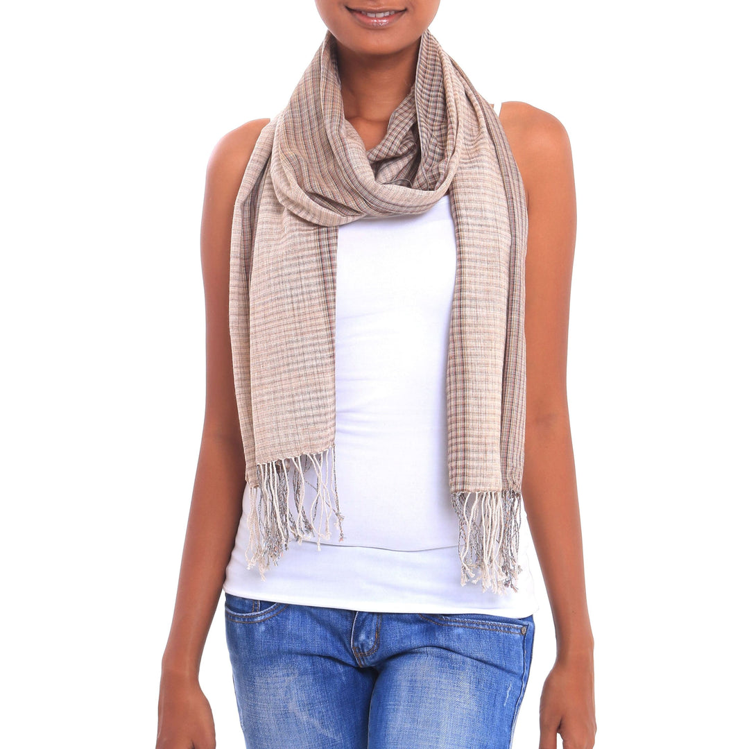 Handwoven Cotton Shawl in Beige and Brown from Bali - Masceti Plaid