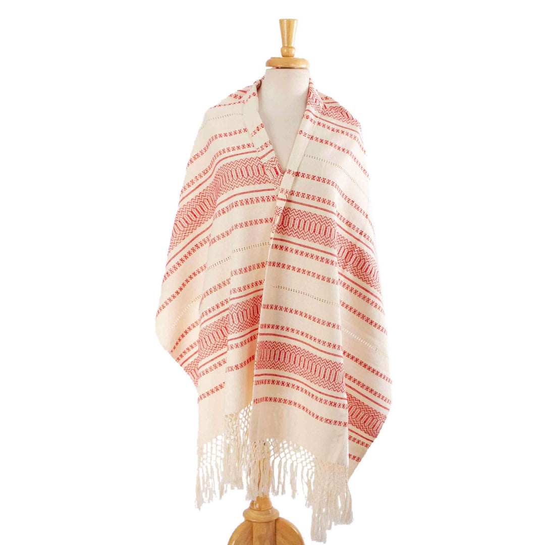 Hand Woven Off-White and Red Rebozo Shawl - Oaxacan Rhythm in Red