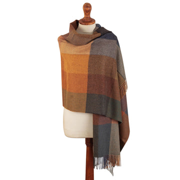 Super Soft Brown-Orange Plaid Alpaca Wool Patterned Scarf - Autumn Squared