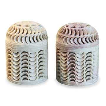 Handcrafted Natural Soapstone Jars in Jali Openwork (Pair) - Nautilus