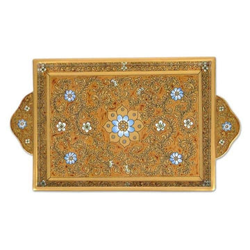 Reverse Painted Glass Serving Tray - Butterscotch Blossoms