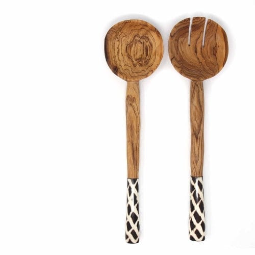 Olive Wood Serving Set with Bone Handles - Diamond Batik