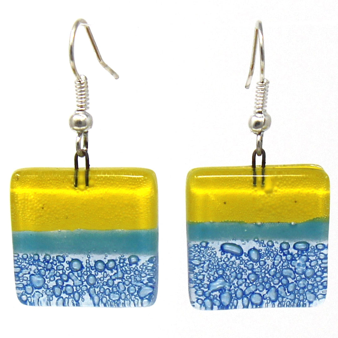 Square Glass Dangle Earrings - Yellow & Blue