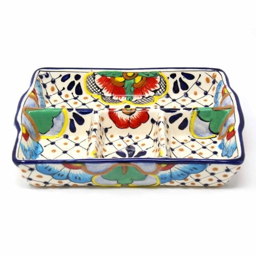 Handmade 9" Divided Platter - Dots & Flowers