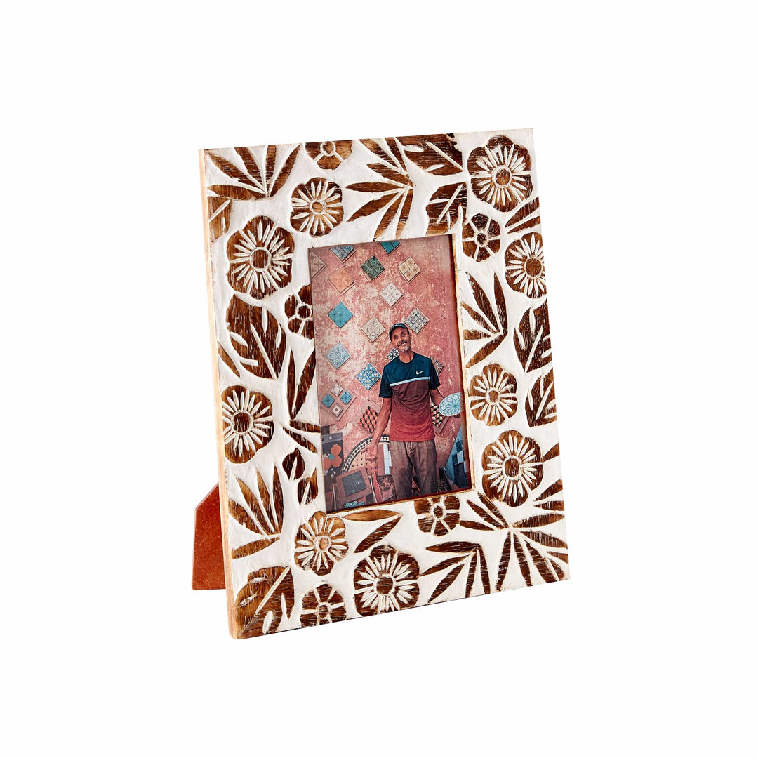 Carved Wood Frame - White Rubbed Floral