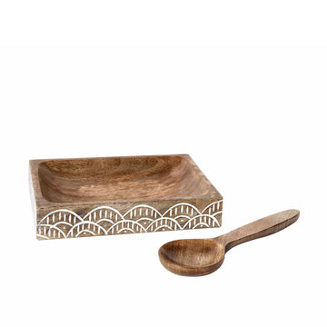 Wood Carved Inlay Bowl with Serving Spoon