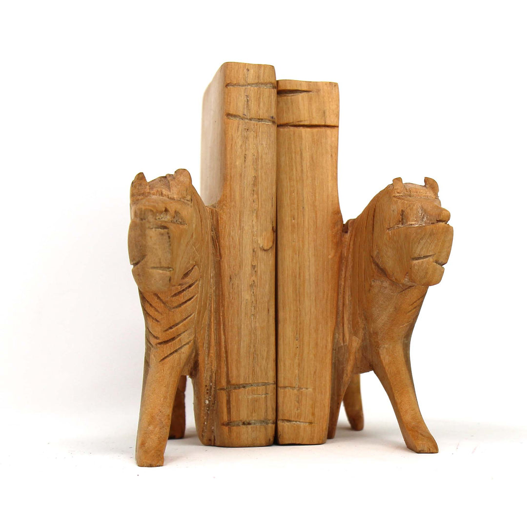 Carved Wood Lion Book Ends - Set of 2