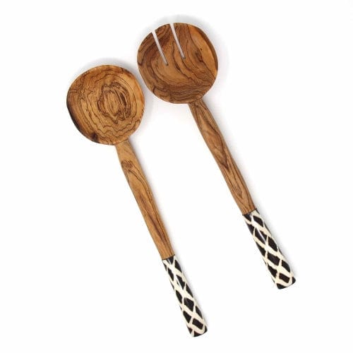 Olive Wood Serving Set with Bone Handles - Diamond Batik