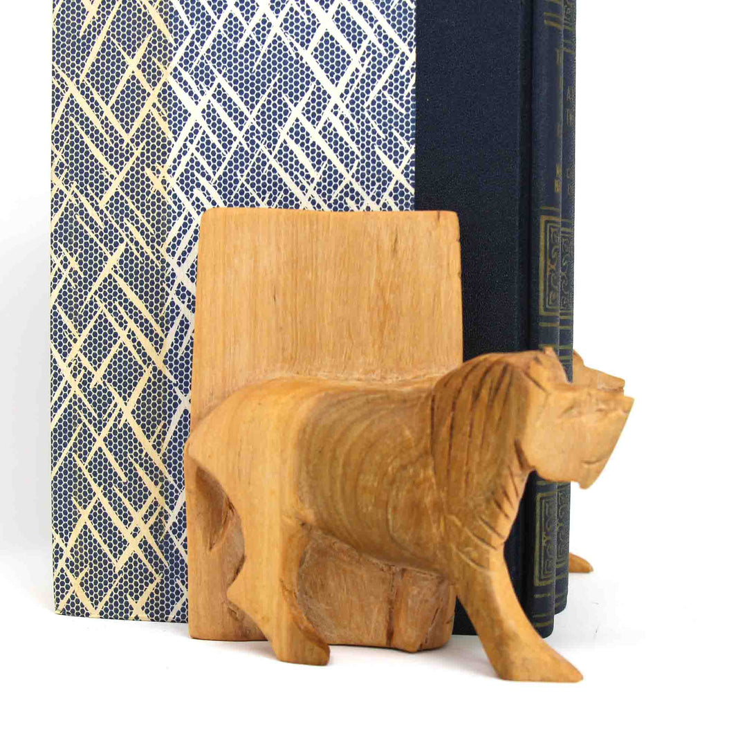Carved Wood Lion Book Ends - Set of 2