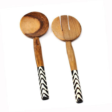 Olive Wood Serving Set with Bone Handles - Chevron Batik