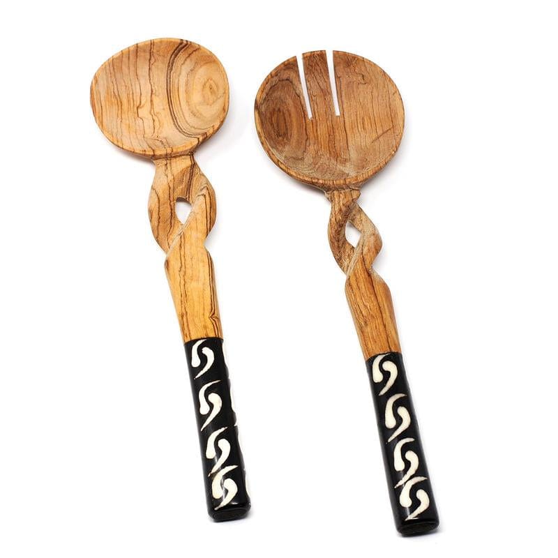 Twisted Olive Wood Serving Set with Batik Bone Handles