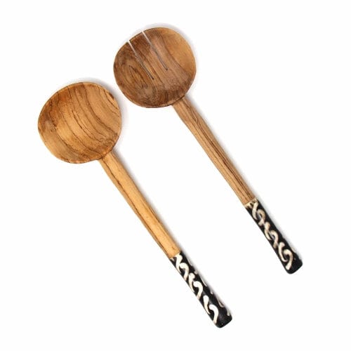 Olive Wood Serving Set with Bone Handles - Boomerang Batik