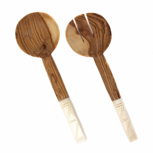 Olive Wood Serving Set with Squared Bone Handles
