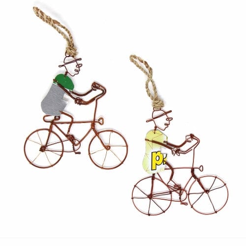 Recycled Wire Ornament Bicycle Rider in Hat - Set of 2