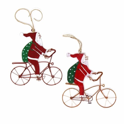 Recycled Wire Bicycle Santa Ornament - Set of 2