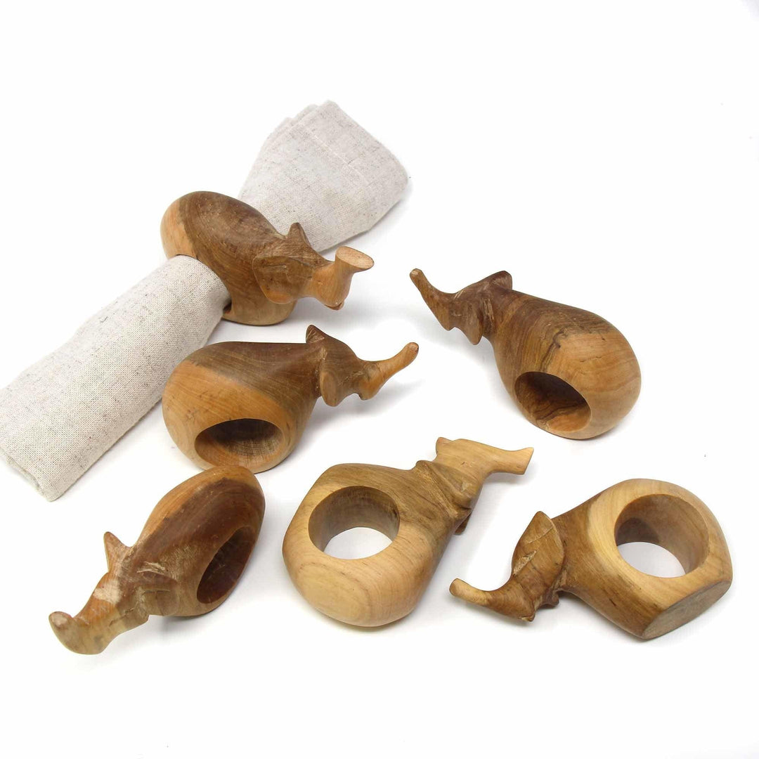 Mahogany Wood Elephant Napkin Rings - Set of 6