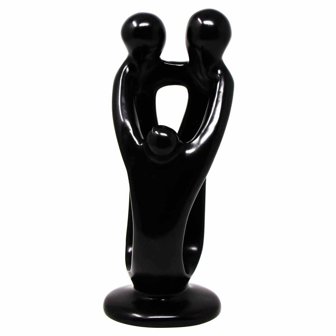 Soapstone Family of Three Sculpture - 2 Parents 1 Child - Ebony - 8 inch