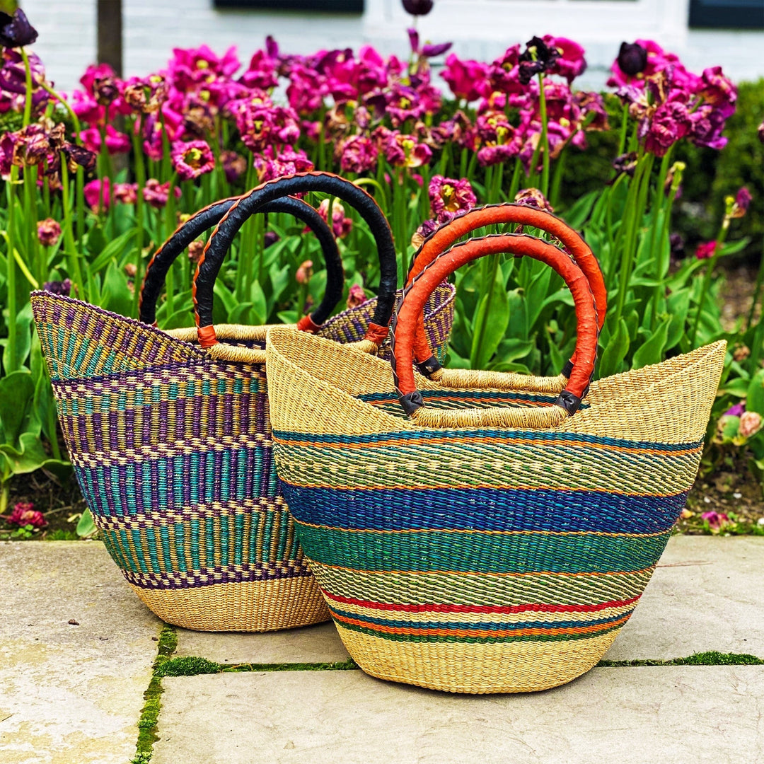 Large Bolga Tote with Leather Handles - Assorted