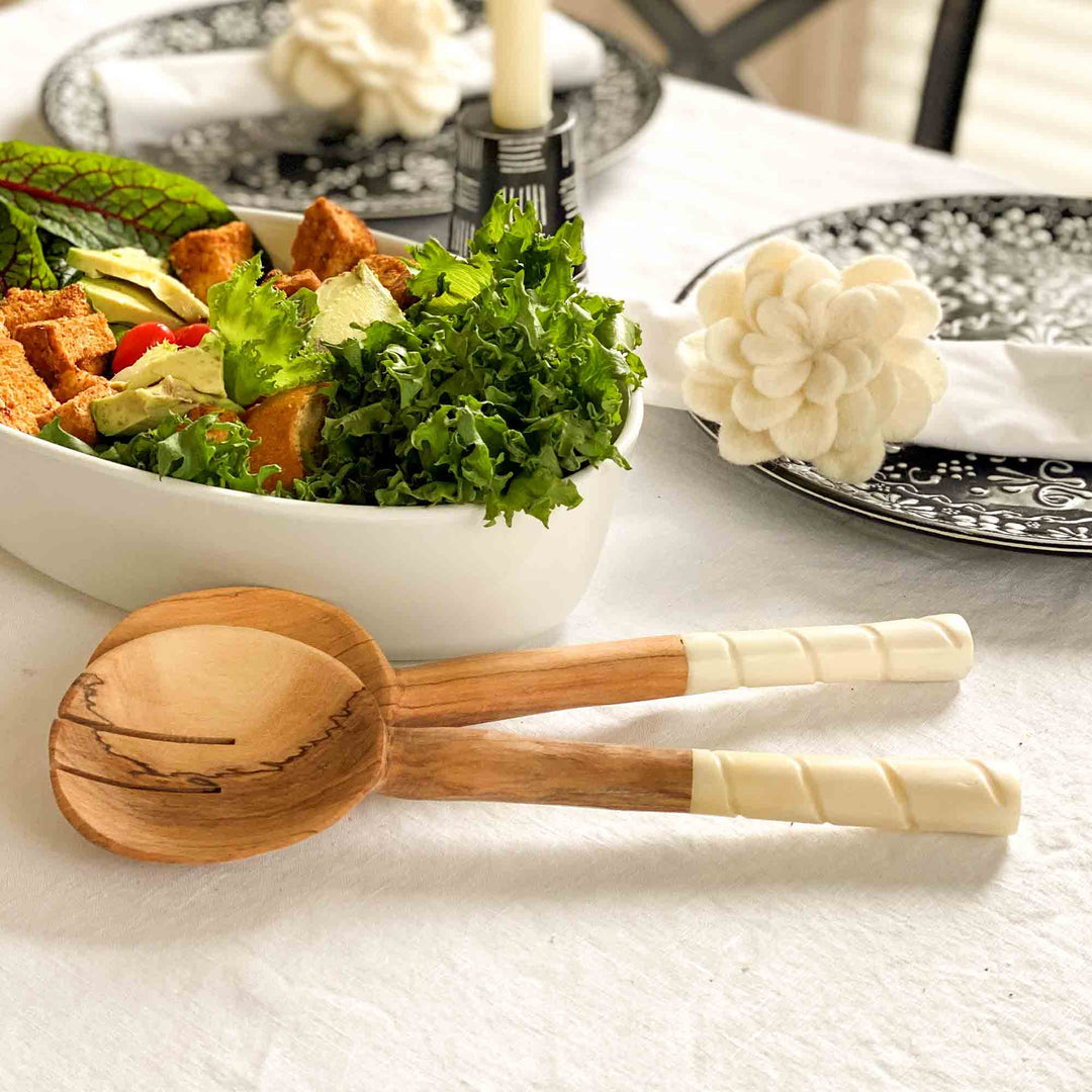 Olive Wood Serving Set with Rounded Bone Handles