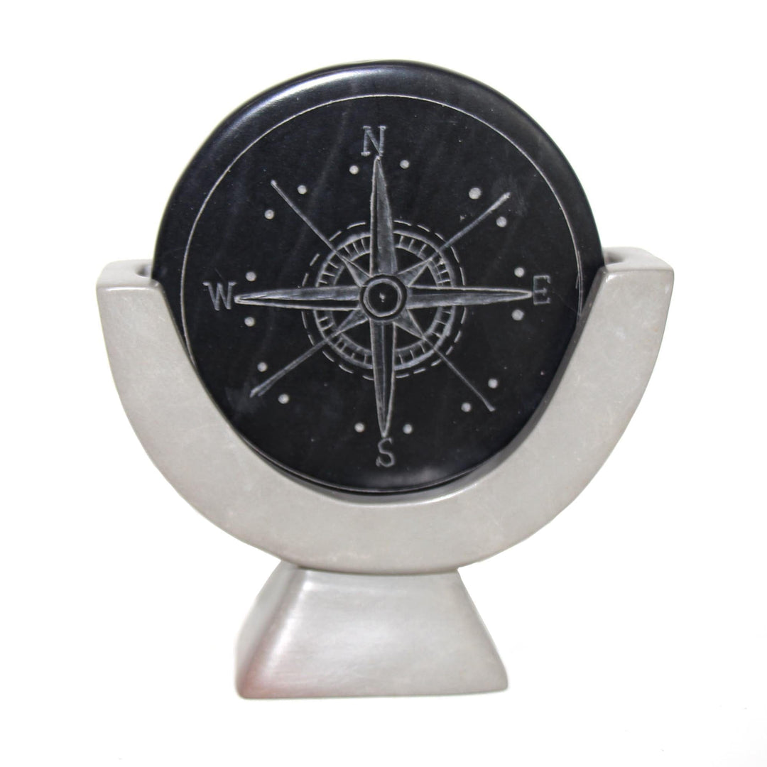 Soapstone Compass Sculpture/Paper Weight - Dark Grey Stone