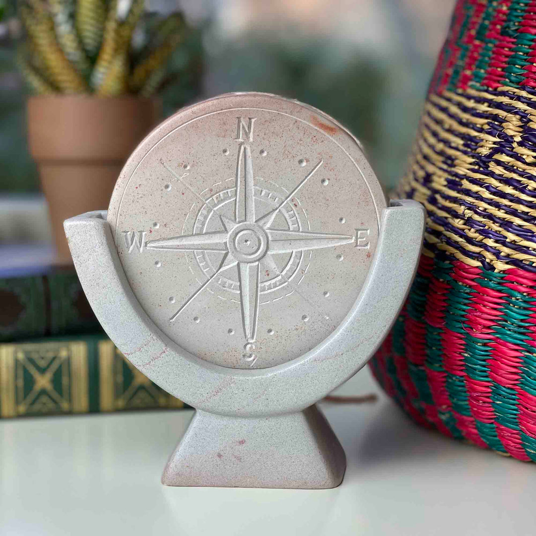 Soapstone Compass Sculpture/Paper Weight - Light Grey Stone