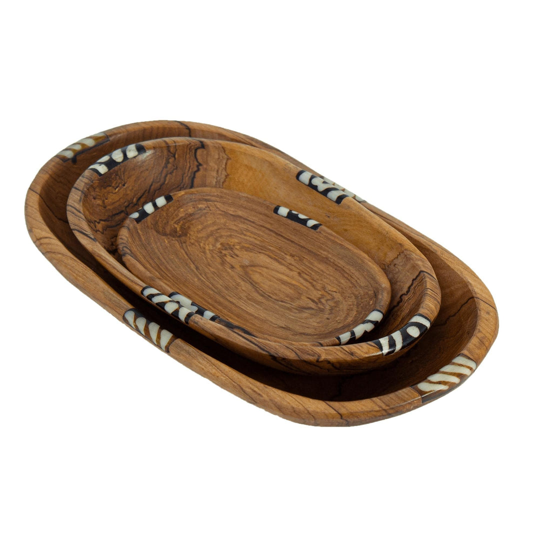 Three Nested Oval Olive Wood Serving Bowls with Bone Inlay