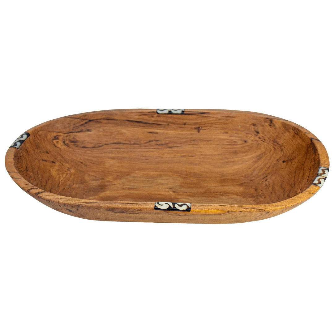 Large Oval Olive Wood Bowl with Bone Inlay