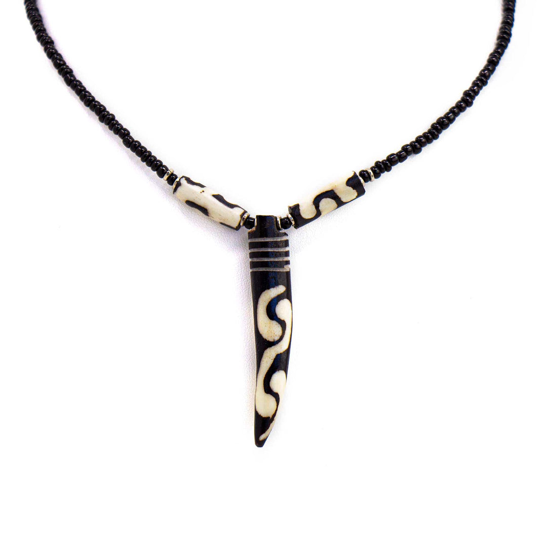 Bone Tooth Necklace on Leather Chain - Batik Design