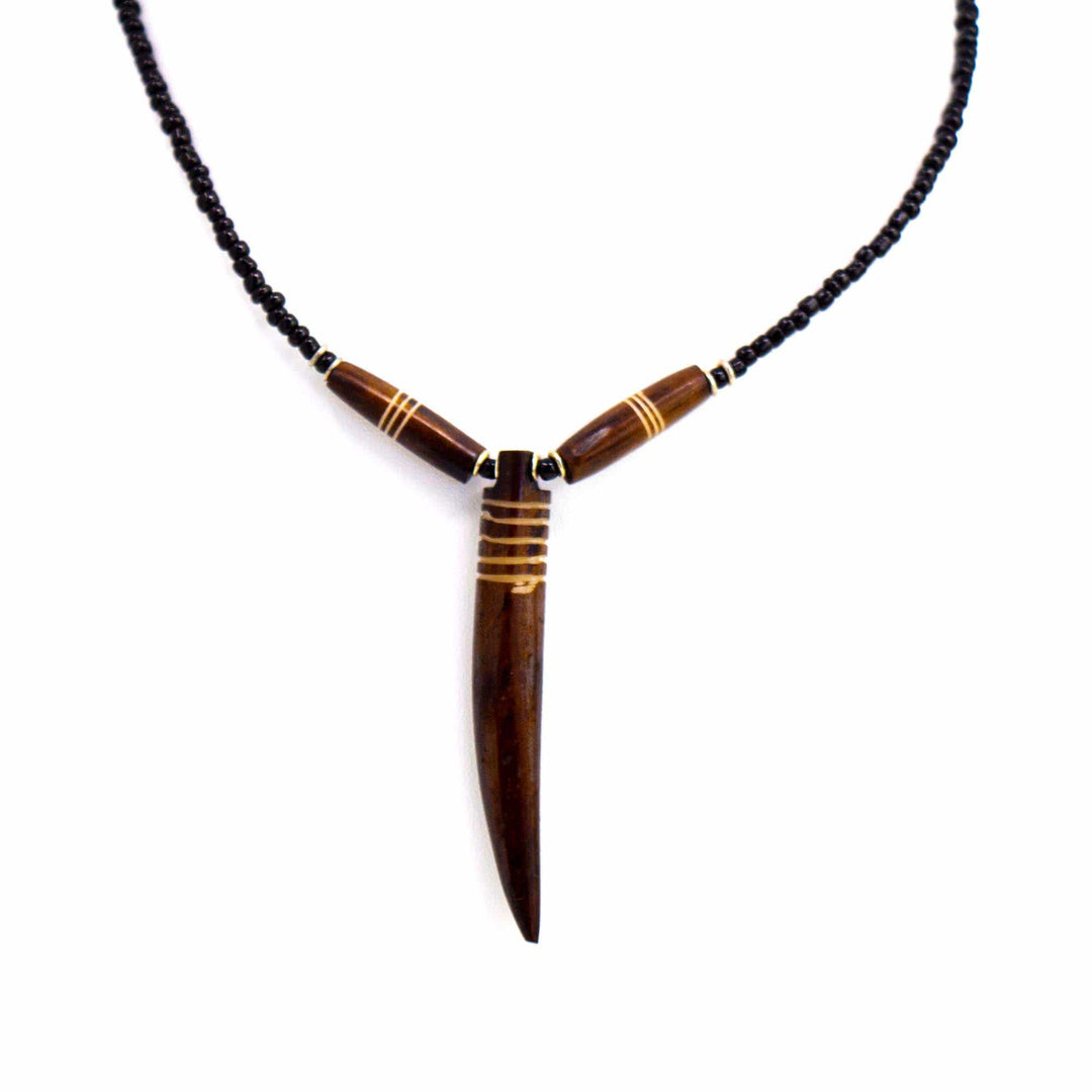 Bone Tooth Necklace on Leather Chain - Black with Etch