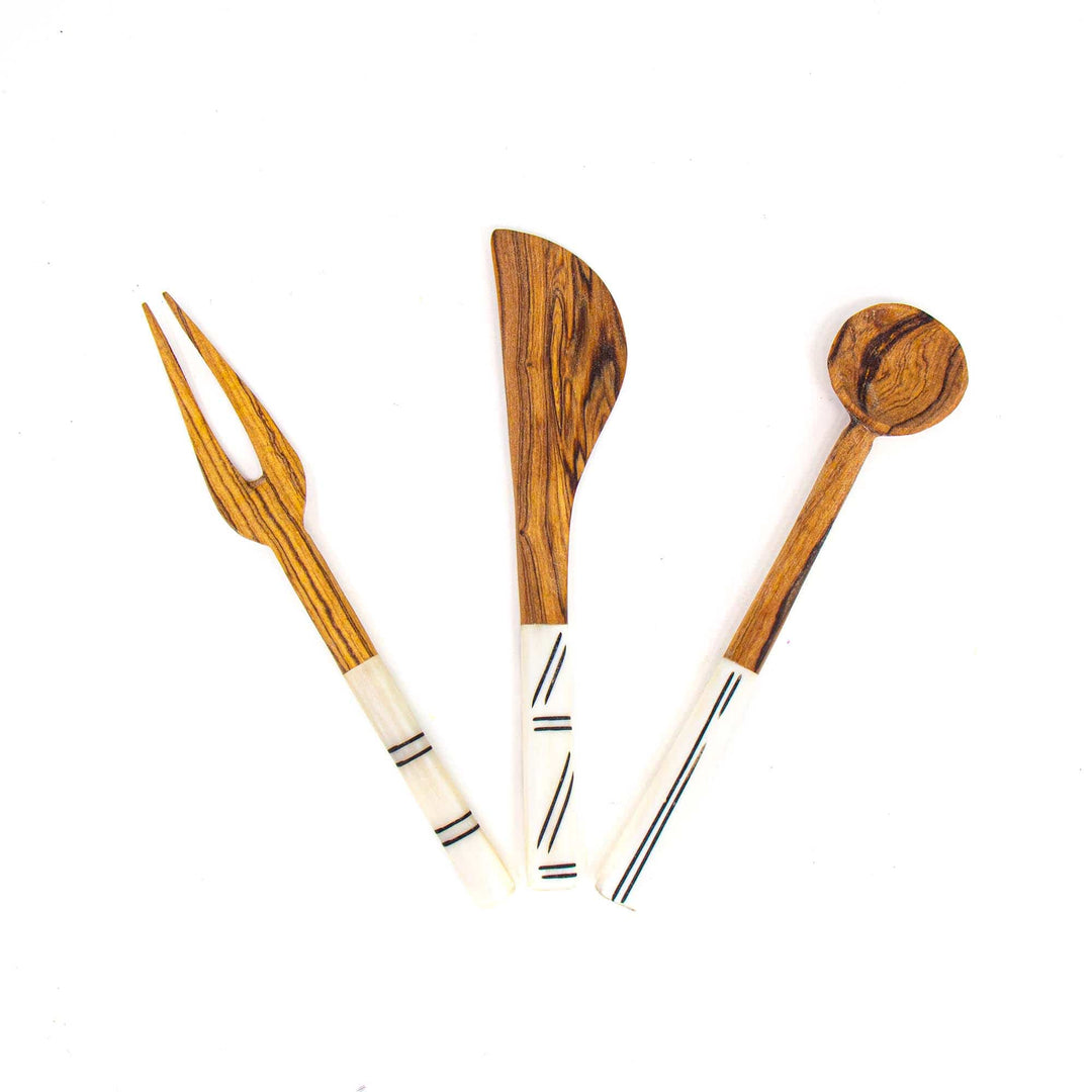 Olive Wood & Batik Handle Appetizer Serving Pieces - Simple - Set of 3