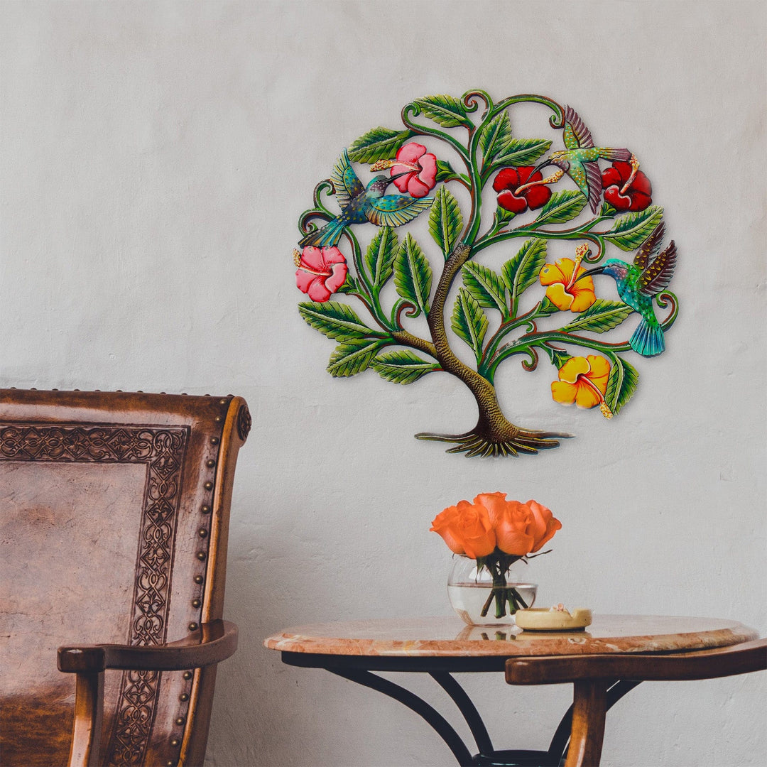 Hummingbirds and Flowers Haitian Metal Drum Wall Art