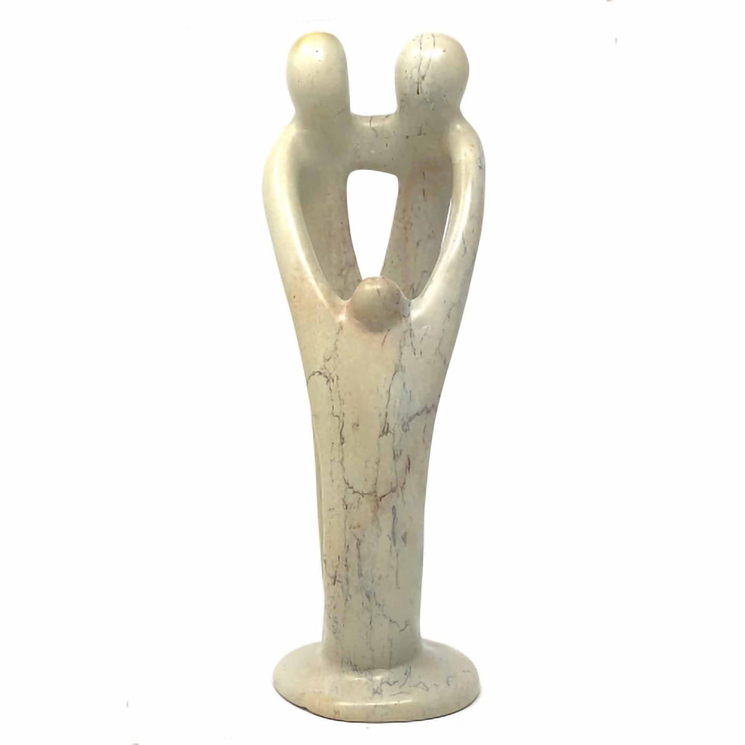 Soapstone Family of Three Sculpture - 2 Parents 1 Child - Natural Stone - 8 inch