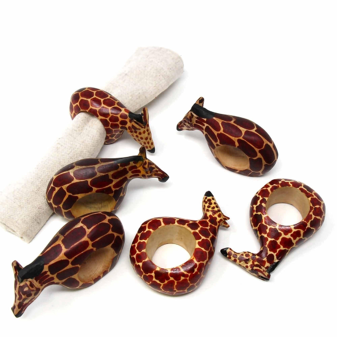 Mahogany Wood Giraffe Napkin Rings - Set of 6