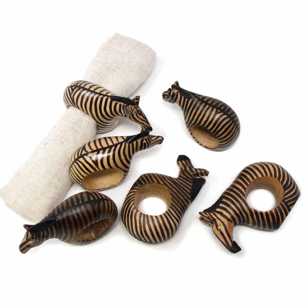 Mahogany Wood Zebra Napkin Rings - Set of 6