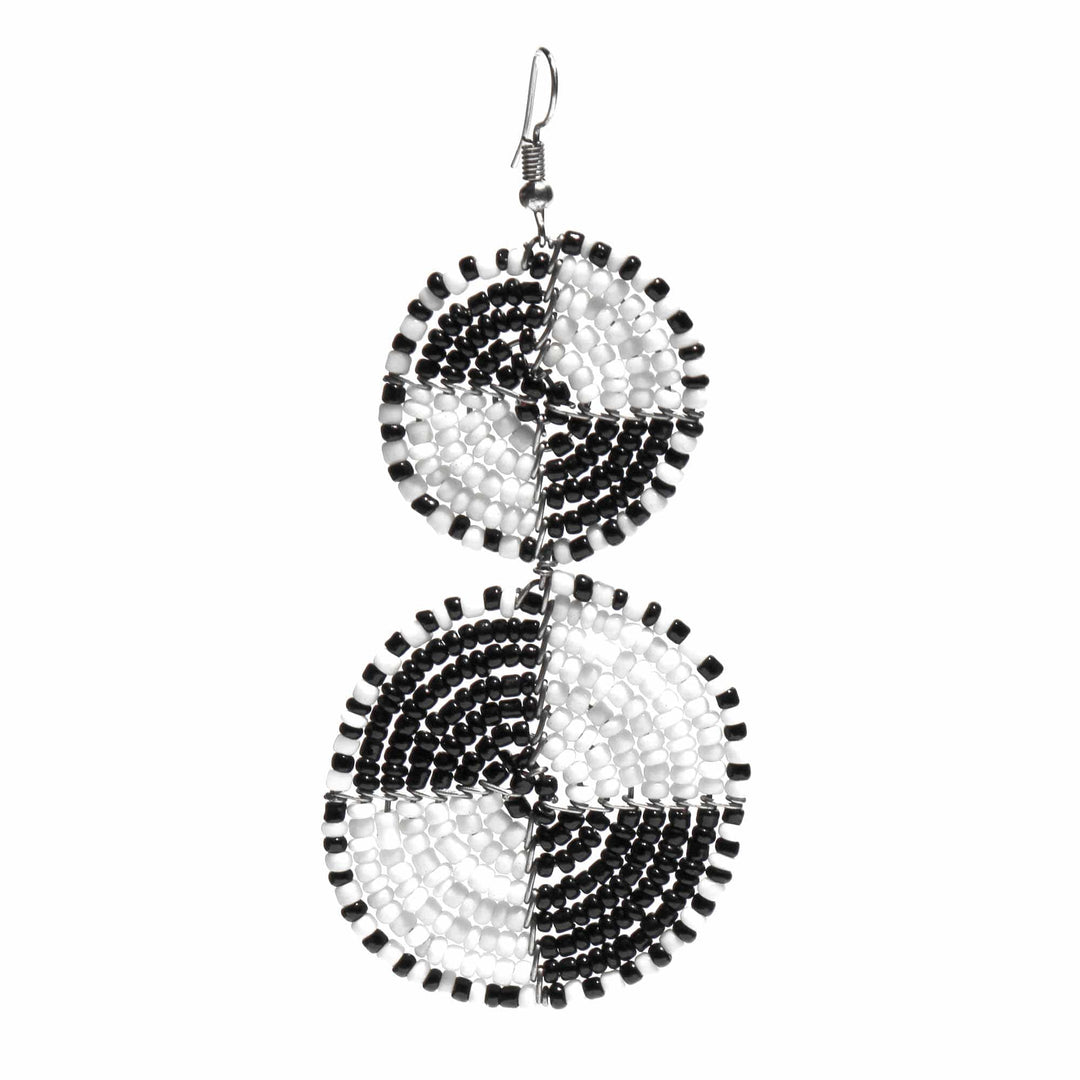 Maasai Bead Double Circle Dangle Earrings - White/Black