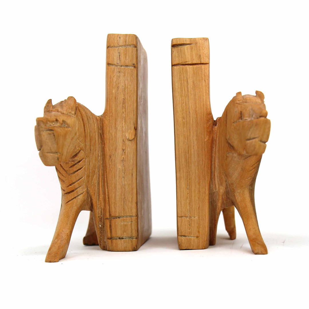 Carved Wood Lion Book Ends - Set of 2