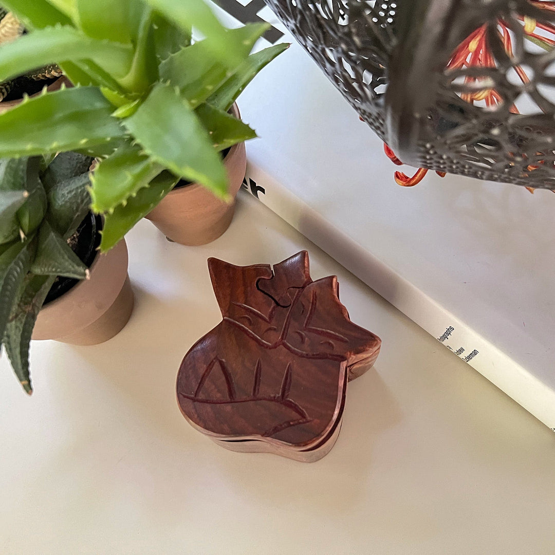 Fox Couple Sheesham Wood Carved Puzzle Box