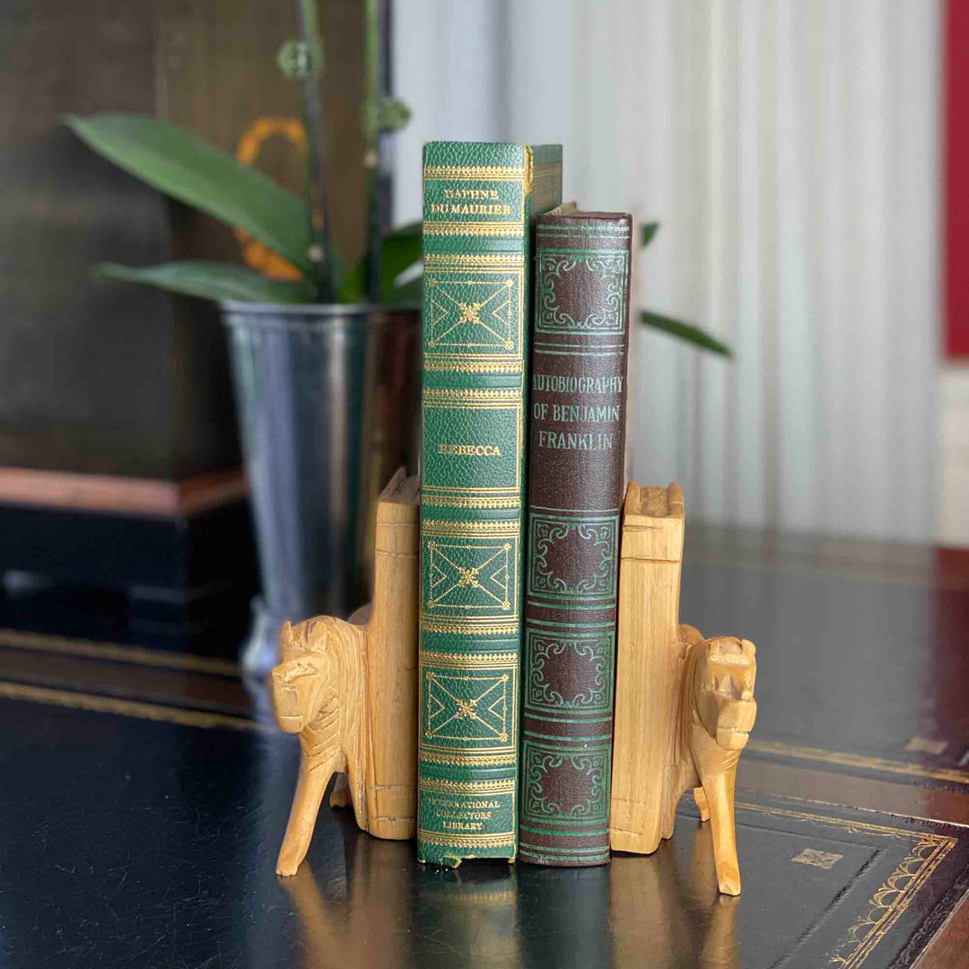 Carved Wood Lion Book Ends - Set of 2