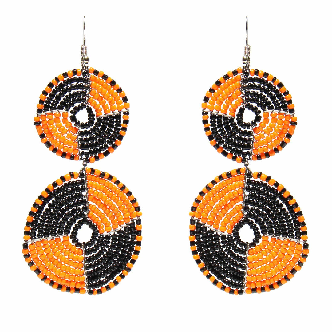 Maasai Bead Double Circle Dangle Earrings - Orang/Black